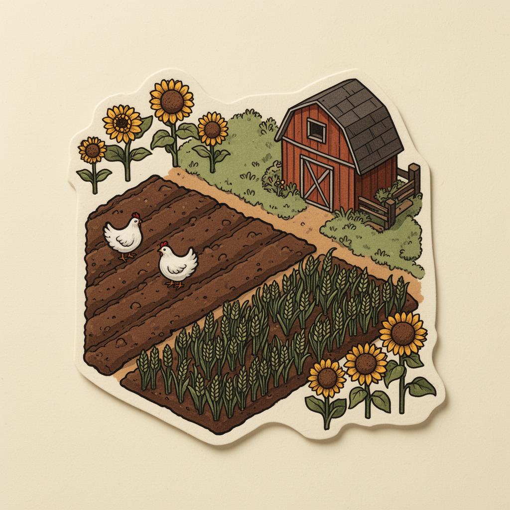 Paper-craft illustration of a small farm with sunflowers, a red barn, two chickens, and rows of wheat.